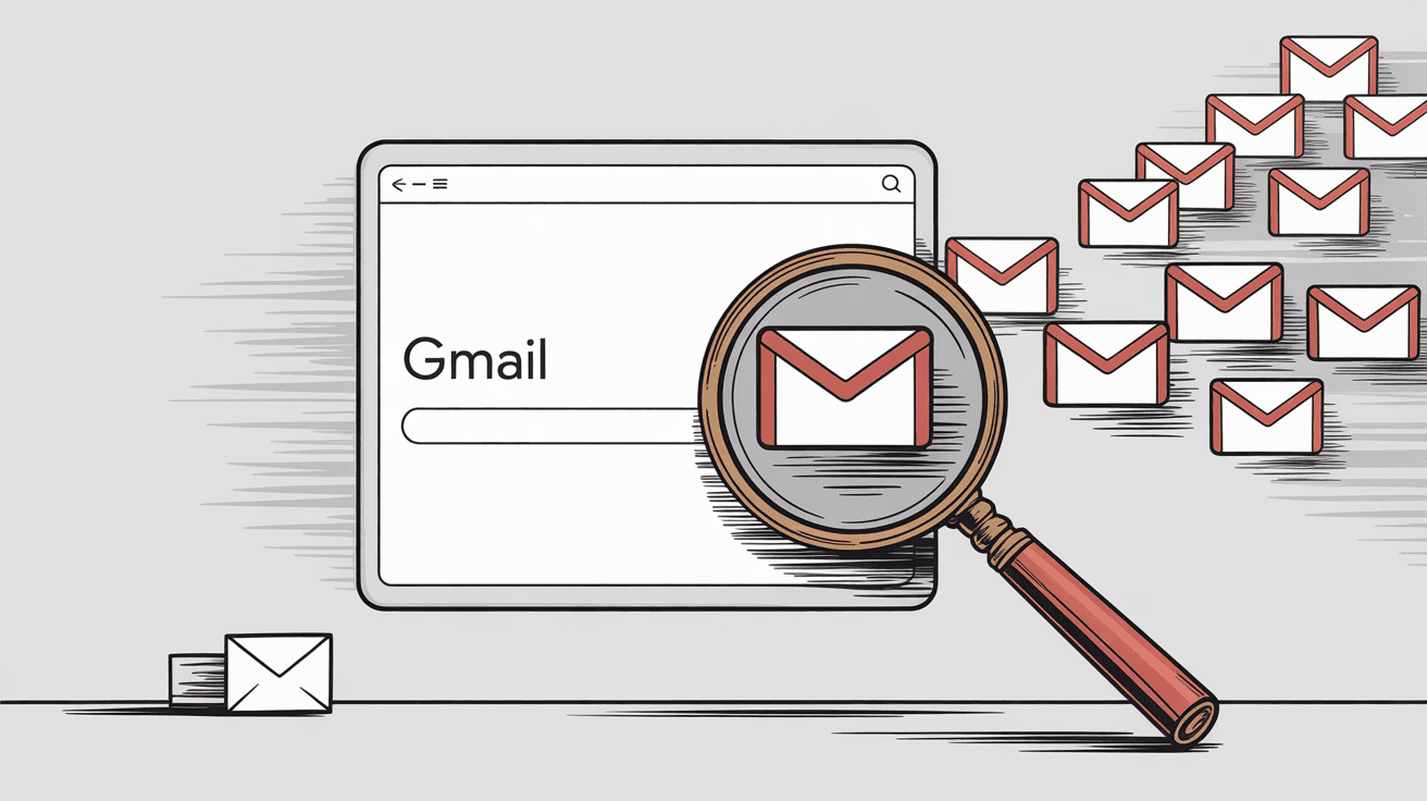 Gmail search interface with magnifying glass showing how search operators help filter through archived emails